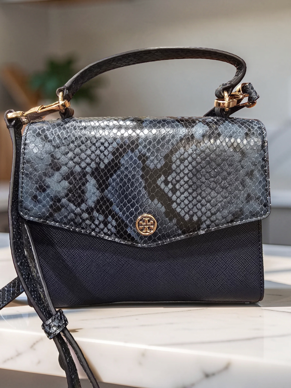 Tory Burch Robinson Python-Embossed Top Handle Crossbody Bag
